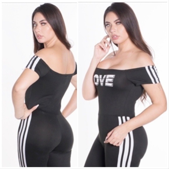 Off the shoulder black bodycon striped jumpsuit - Picture 6 of 9